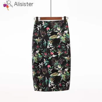 

2019 New Full Floral Print Pencil Skirt Women High Waist Zipper Split Design Mid Length Skirts Female Elegant Tight OL Skirt