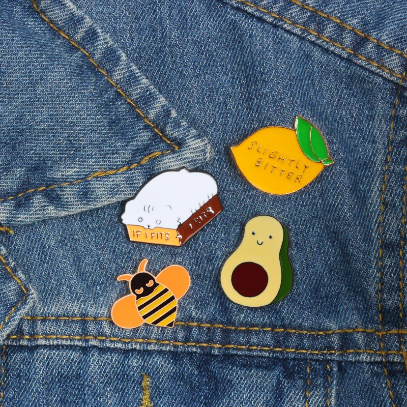 

Fashion Kawaii badge pin brooch box cat lemon avocado bee Denim jackets Button brooches Child women Jewelry Collection Gift