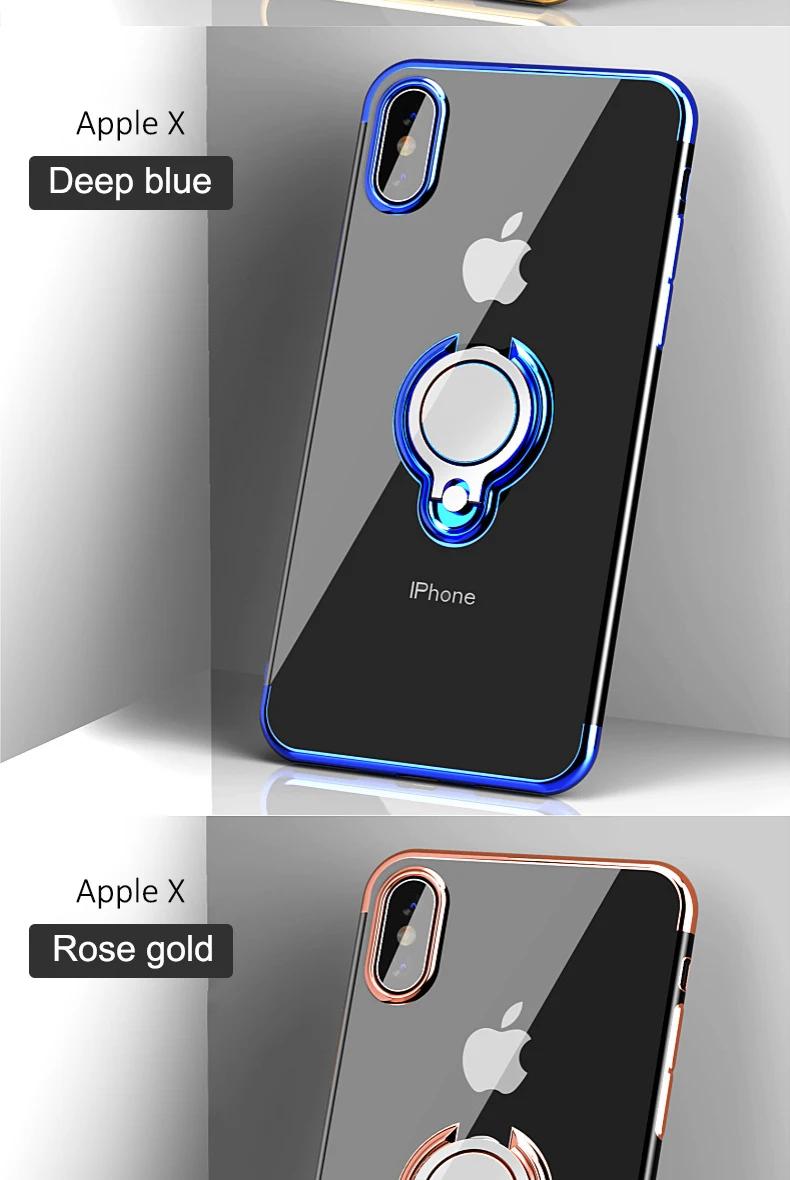 Iphone 7 Case Iphone Xs Max Case X  6 8 6S Plus Diamond Transparent Clear Electroplate TPU Finger Ring Case Luxury Back CoverDescription: