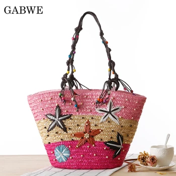 

GABWE New Summer Starfish Bohemia Women's Handbags Color Stripes Shoulder Bags Beach Bag Big Tote Bags Fashion Knitted Straw Bag