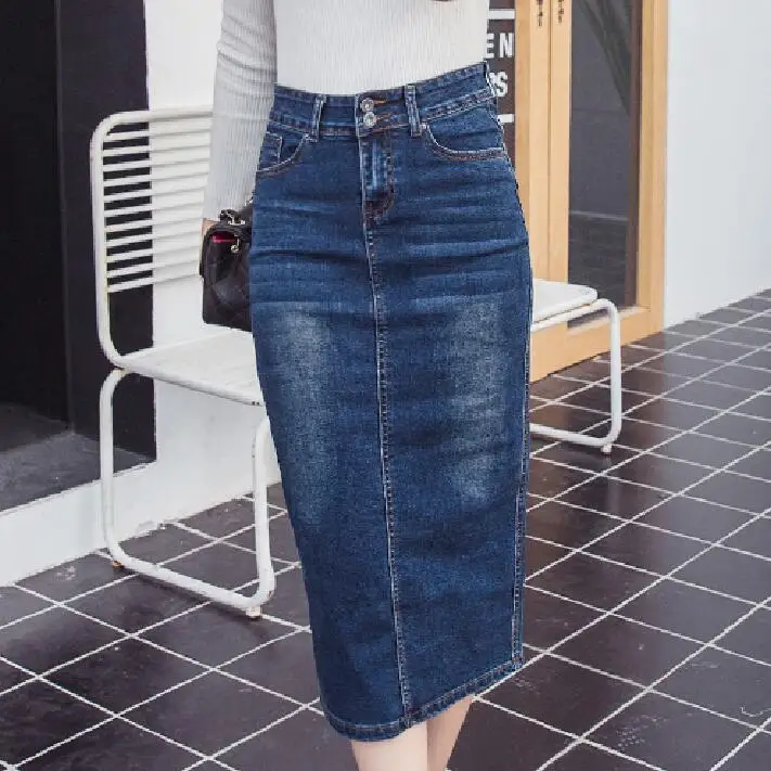 long denim pencil skirt