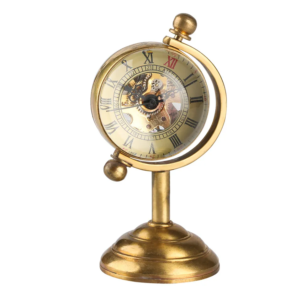 Globo de Ouro Relógio de Mesa para Homem Decoração para Casa para Mulher Relógio de Mesa Giratório Criativo Relógios Cobre Mão-corda Movimento