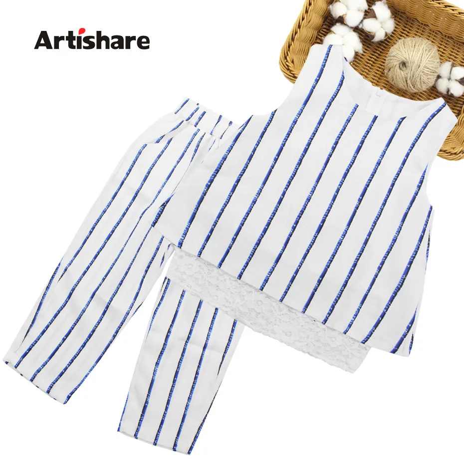 

Girls Clothes Set Striped Vest + Pants 2PCS Girls Summer Outfits Casual Style Teenage Costume Child 6 8 10 12 13 14 Year