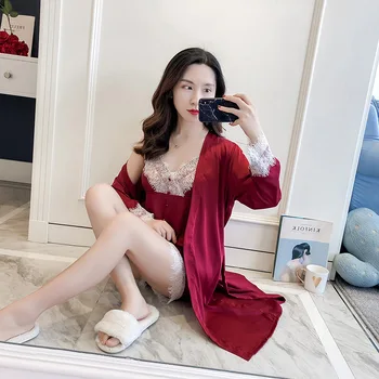 

Dark Red Women Home Wear Pajamas 3PC Strap Top Pants Suit Sleepwear Sets Nightgown Sexy Lady Kimono Robe Bath Gown Nightdress
