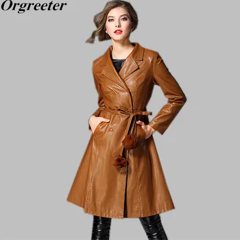 

New 2018 Autumn Winter Long Double-breasted Female Leather Coat Plus Size Faux fur ball Sashes Faux Leather Coat jacket Trench