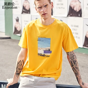 

Enjeolon Tshirt Men Summer Short Sleeved O-neck Print Cotton Streetwear Casual Male Tee Shirts T3901