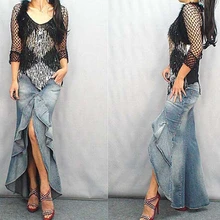 Для женщин Европейская мода, короткое спереди и сзади юбка «рыбий хвост» джинсовая юбка для женщин, с высокой талией, повседневные Труба Длинная юбка русалки TB901