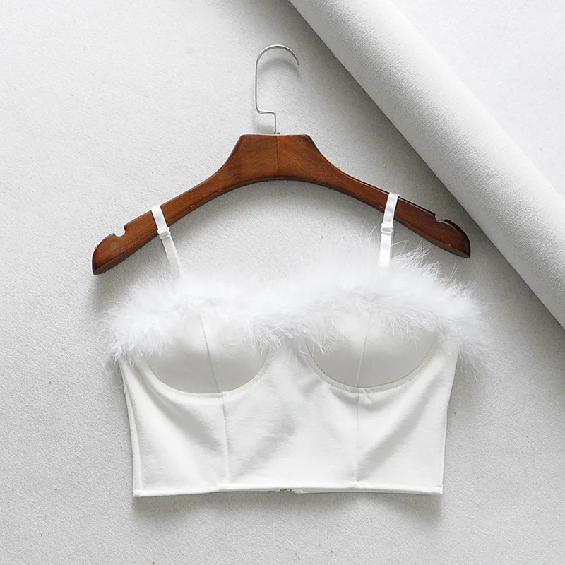 2019 women sexy faux fur Patchwork crop top V neck sleeveless back zipper camisole tank top short style female tops