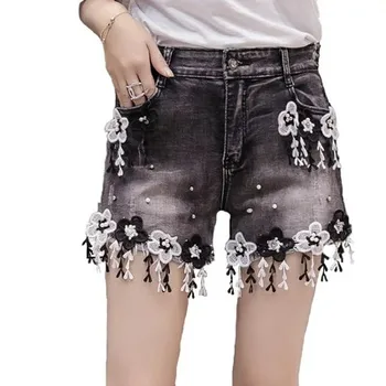 

Wholesale Flowers tassel stitching diamond beading wide leg denim shorts female high waist punk street style hot shorts wq1631