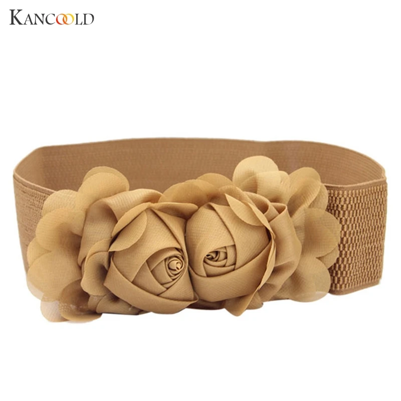 

2017 Fashion Double Solid Rose Flower Buckle Waist Belt Lady Waistband Stretch Elastic Wide Bind Wide Belt Dress Adornment F242