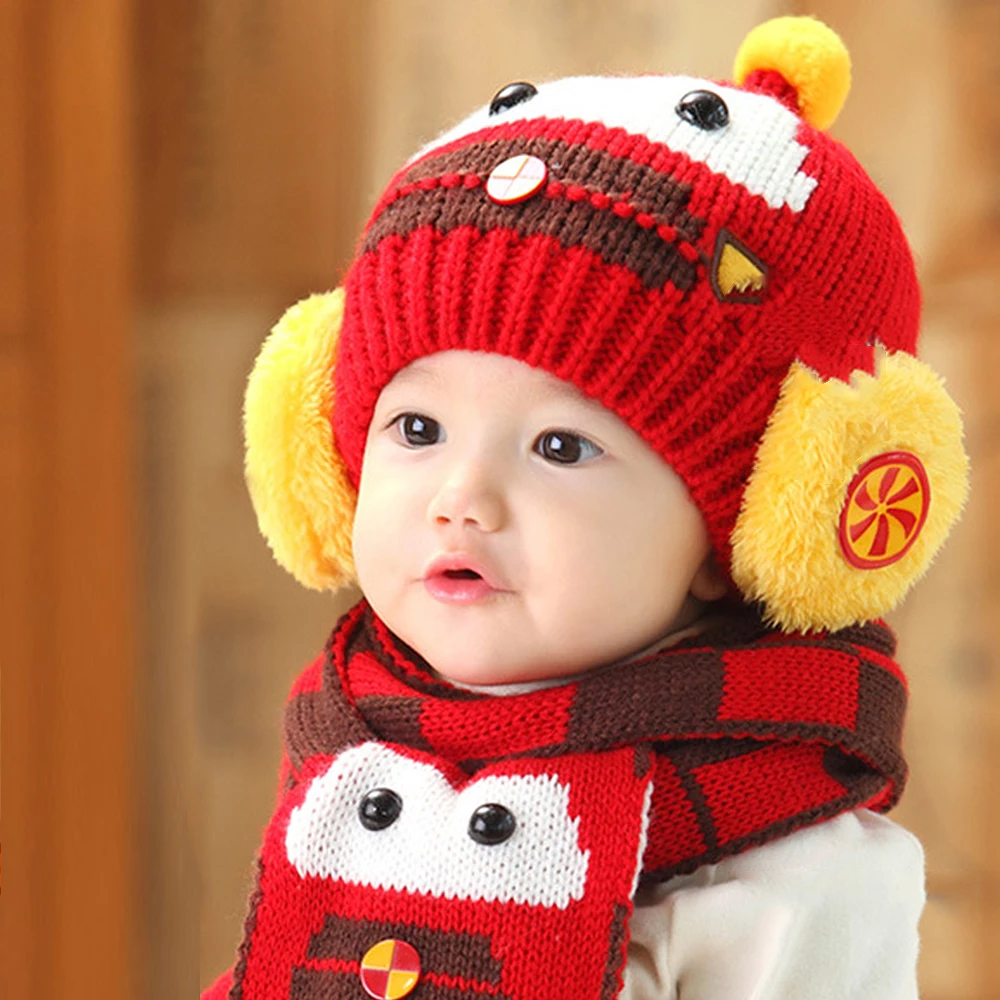 

2pc Warm Winter Baby Hats Knitted New Car Type Earmuffs Hat And Scarf Set Kids Warm Beanies Caps Baby Hats