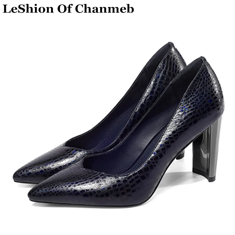 

High Quality Larger Size 43 Women's Cow Leather Shallow Pumps Shoes Ladies Thick High Heels Office Work Crocodile Printing Pumps