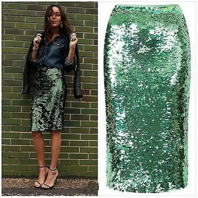 Top Quality Women Green Sequin Zipper Midi Skirt Package