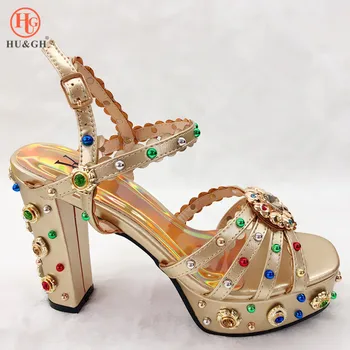 

2019 New Arrival Gold Color African Woman Sandals Shoes Italian Lady Rhinestone Sandals High Heels Shoes For Wedding Party Dress