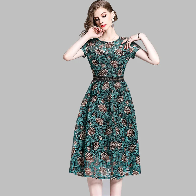 

HAMALIEL High Quality Plus Size Summer Lace Dress Vintage Women Floral Embroidery Short Sleeve Midi Elegant Hollow Out Dresses