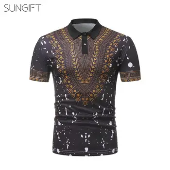 

SUNGIFT African Male Top Polo Neck Short Sleeve African Dashiki Ethnic Print Top For Summer Season All Occasion Suitable