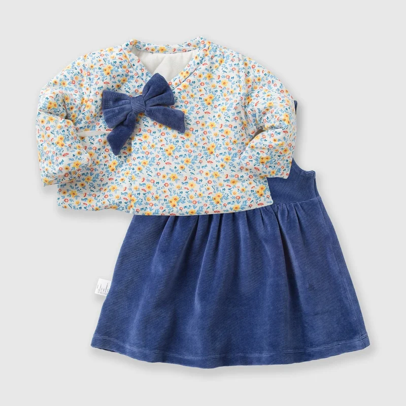 Mini Balabala Baby Girls 2-Piece Floral Printed V-neck Shirt Tops+ Tank Dress Set Infant Newborn Baby Boys Clothes Clothing Set - Цвет: White and blue tones