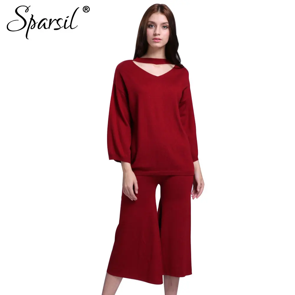 

Sparsil Women V-Neck Cashmere Blend Knitted Pullover Sweater+Flare Pant/Set Autumn Female Loose Style Sleeve Knitwear Sweaters