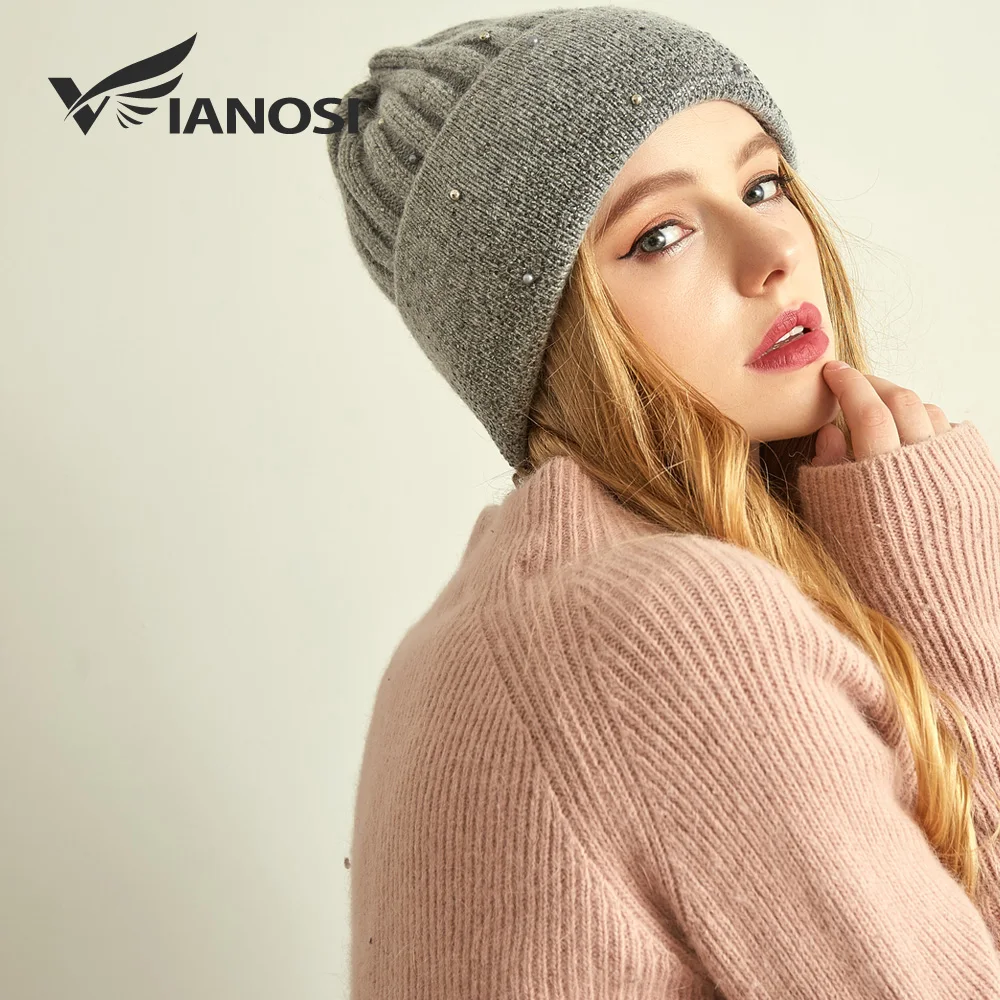 VIANOSI New Fashion Wool Winter Hats for Women Beanies with Pearl Fashion Warm Cap Brand Bonnet - Цвет: Серый