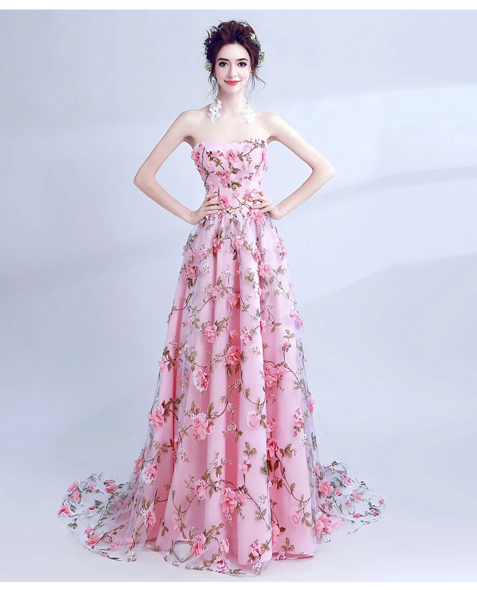 Walk Beside You Pink Flowers Prom Dresses 2020 Long Strapless Sweetheart vestido de formatura longo Evening Gown Party Halloween