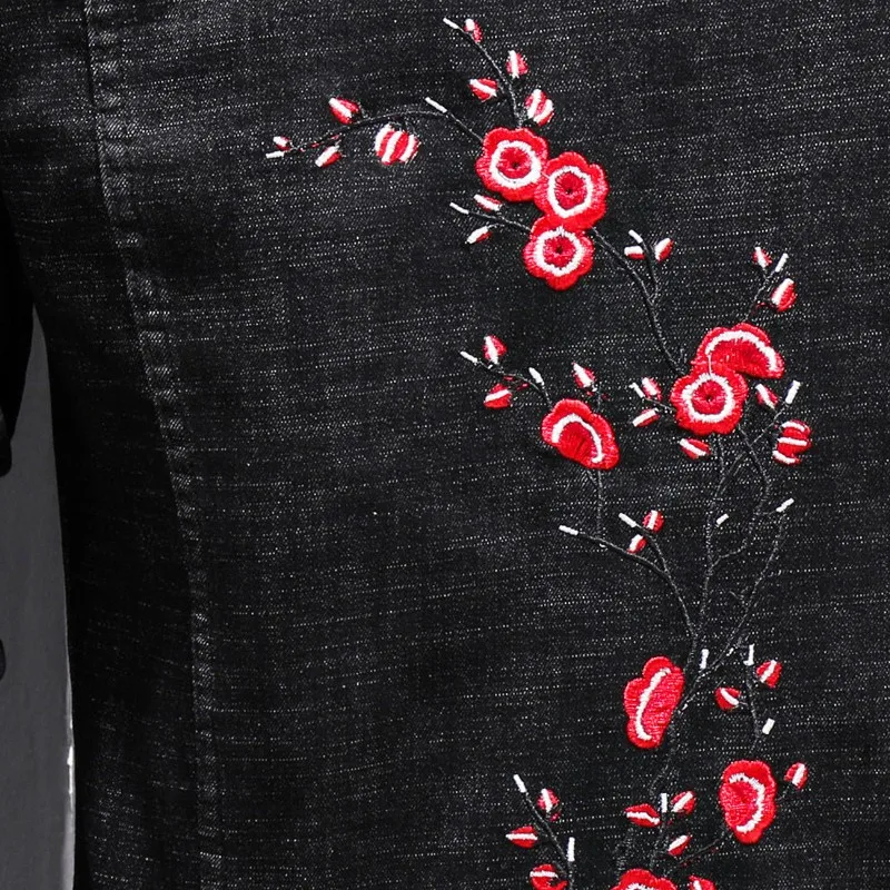 Модная мужская куртка из денима джинсы комплект из 2 предметов Повседневная приталенная одежда с цветочной вышивкой костюмы Ковбойское пальто узкие брюки ансамбль Homme