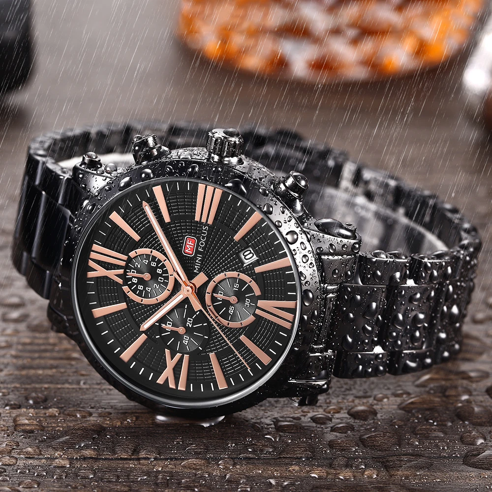 

MINIFOCUS Fashion Black Quartz Watch Men Stainless Steel Strap 3D Dial Calendar Chronograph Military Watches Top Brand Luxury
