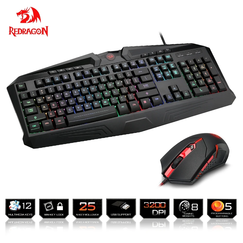 Redragon USB Gaming Membrane RGB Keyboard mouse pad combos 104 standard
