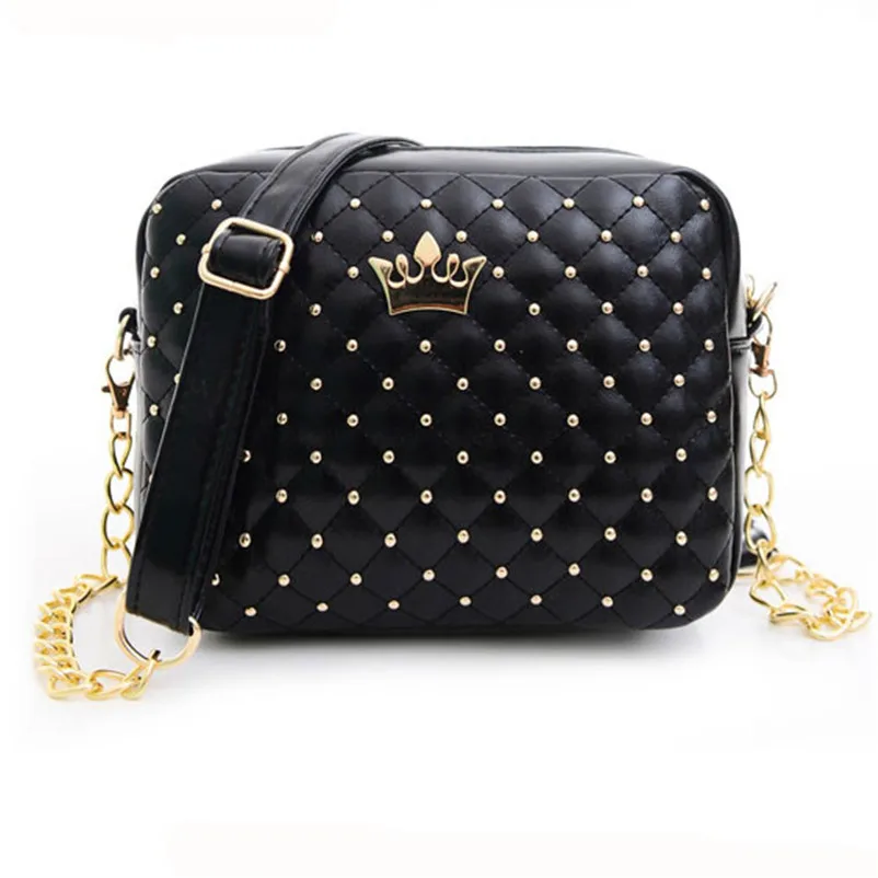 

2018 Women Bag Fashion Women Messenger Bags Rivet Chain Shoulder Bag High Quality PU Leather Crossbody Quiled Crown bags