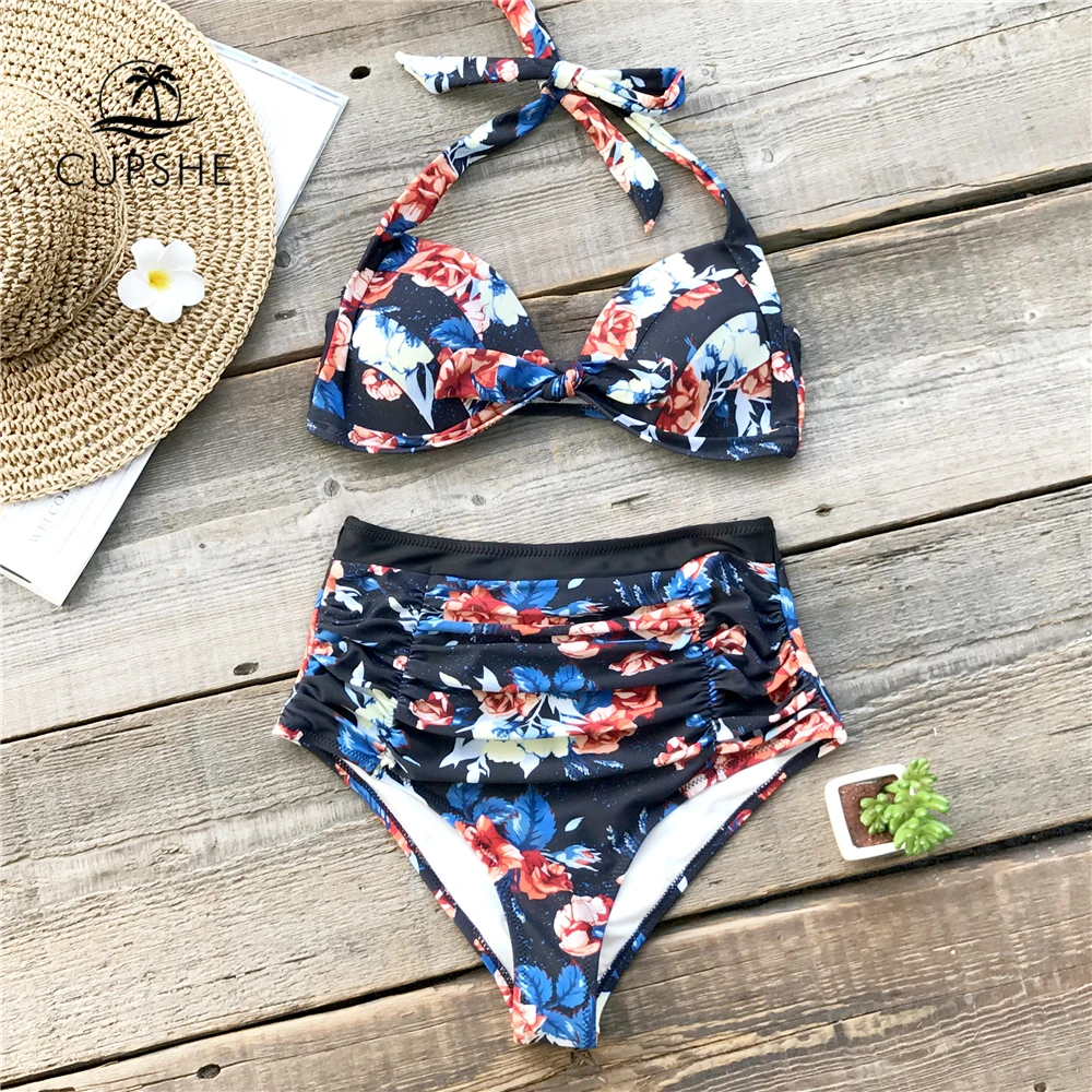 CUPSHE Floral Print Halter Mould Cups Bikini Sets 2019 Women Ruched ...