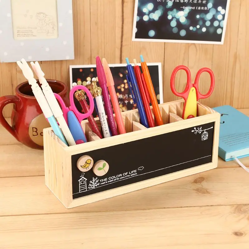 Cute Wooden Desktop Pencil Holder Pen Holder with Blackboard Burlywood
