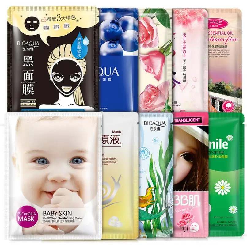 10pcs/Combo BIOAQUA Face Mask Snail Essence Dope Cartoon Hyaluronic Plant Essence Sheet Mask Repair Korea Skin Care Facail Mask - Color: 10 types