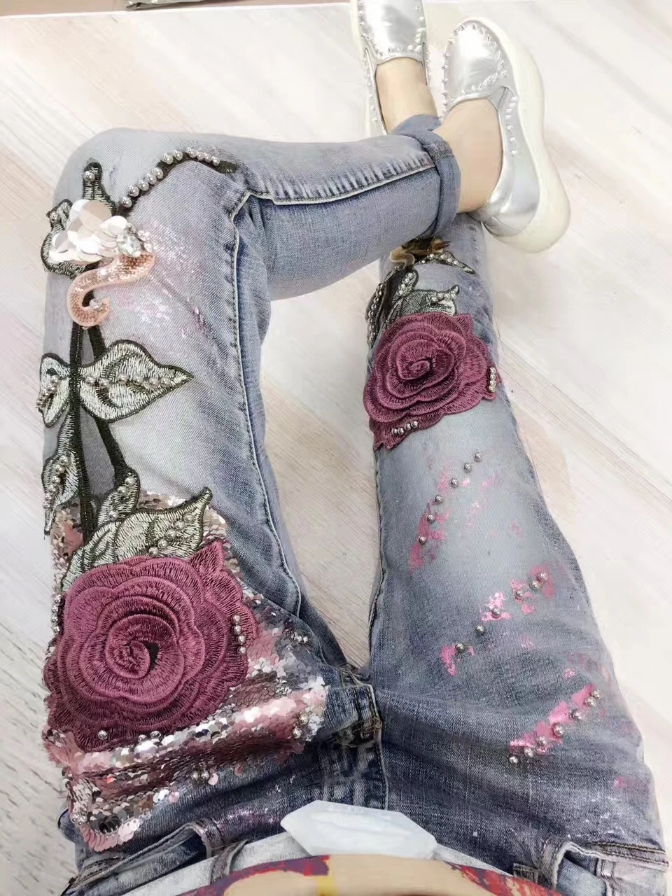 Женские джинсы карандаш с вышивкой розы|women pencil jeans|pencil jeanswomen stretch trousers |