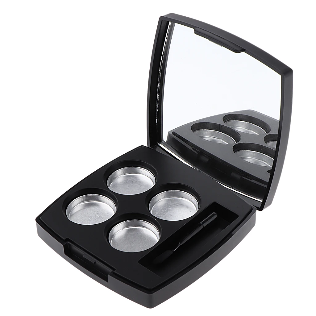 Black Empty Makeup Eyeshadow Pressed Powder Container Case 4 Round Aluminum Pans Palette with Mirror and Brush