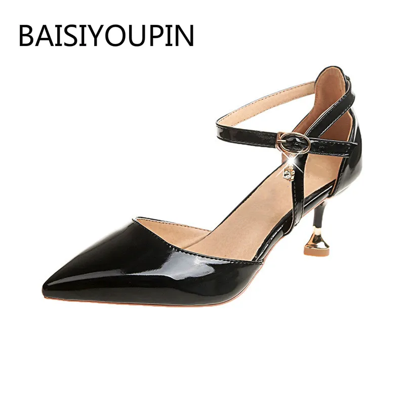 

Summer Casual Solid Sandals Women Fashion PU Leather Shallow Pointed Toe Non-slip 6.5cm Thin High Heels Sandals Female Shoes