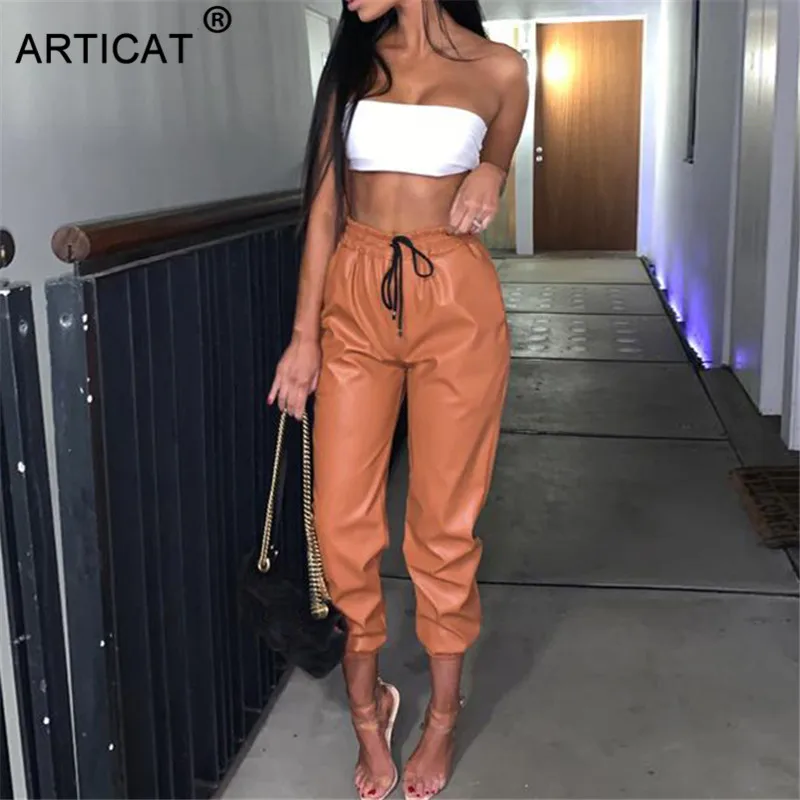 

Articat 2019 New PU Leather Women Harem Pants Casual High Waist Elastic Faux Leather Trousers For Women Autumn Pants Streetwear