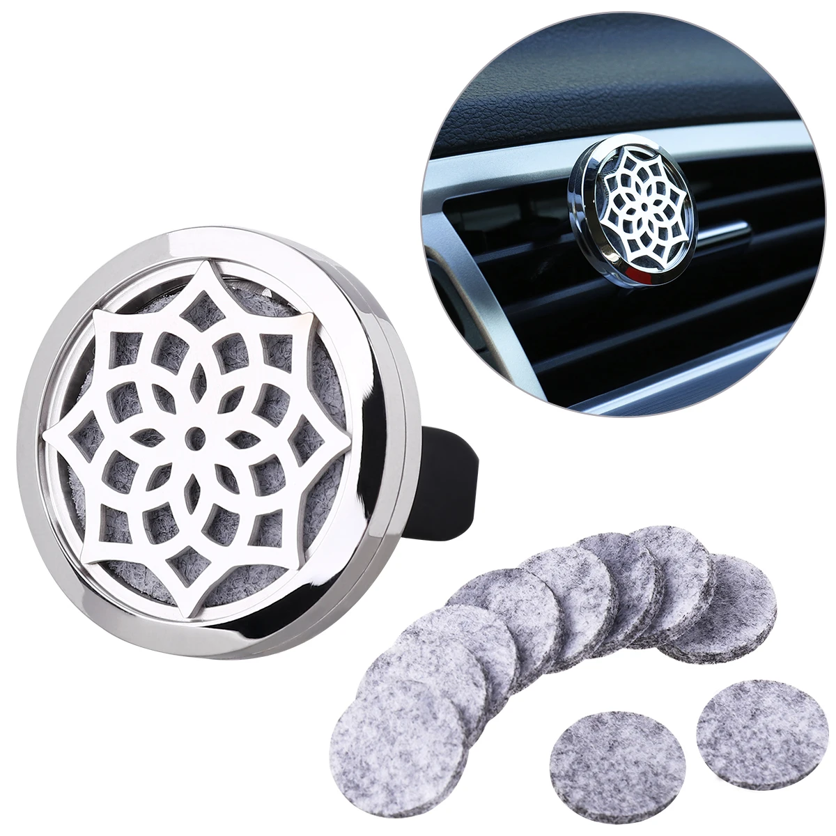 

Stainless Steel Sunflower Shaped Aromatherapy Home Car Essential Oil Diffuser Locket Clip with 10 Washable Felt Refill Pads