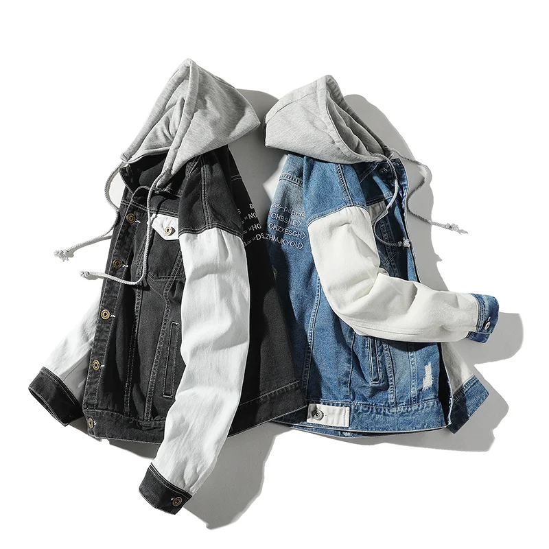 

2019 New Denim Hooded Jacket Men Loose Embroidery Men Jean Jacket Patchwork Hip Hop Jackets and Coats Man Outerwear Size M-5XL