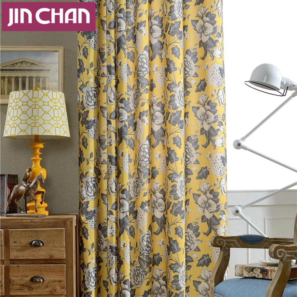 Flower Yellow Fabric Polyester Window Shade Blackout Curtains For