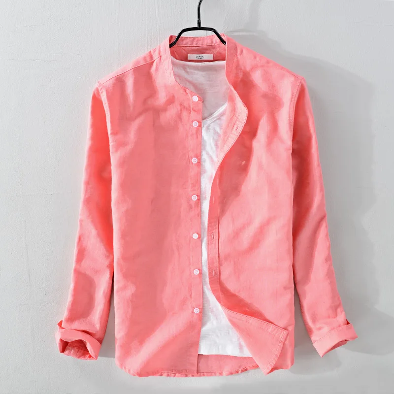 Мужская хлопковая рубашка с длинными рукавами и воротником стойкой|Повседневные