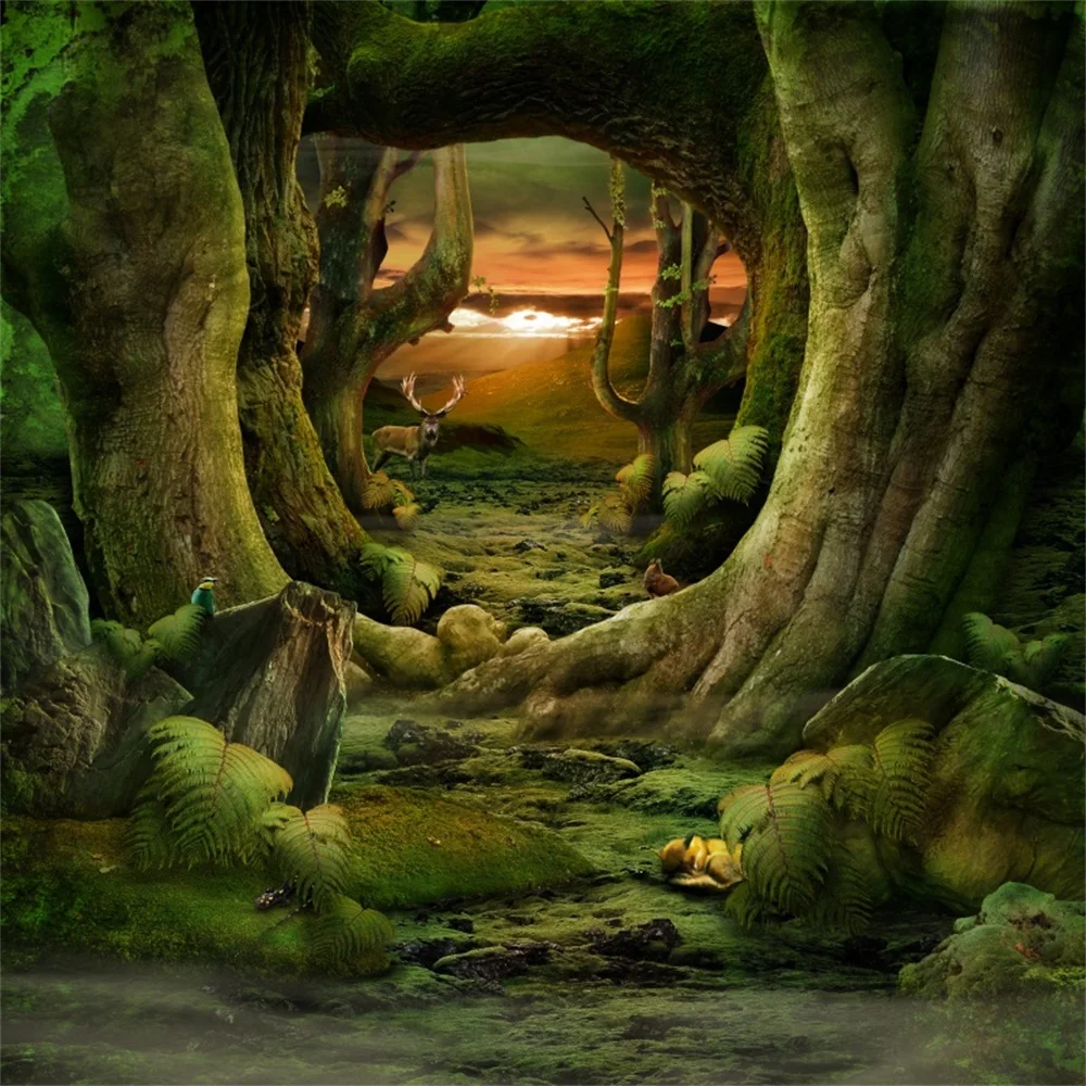 

Laeacco Fairytale Old Tree Deer Cave Moss Children Photographic Backgrounds Customized Photography Backdrops For Photo Studio