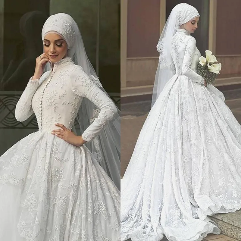 Высокое качество, a-образные белые свадебные платья из шифона длинный рукав, мусульманский свадебное платье с хиджаб вышивка арабское свадебное платье