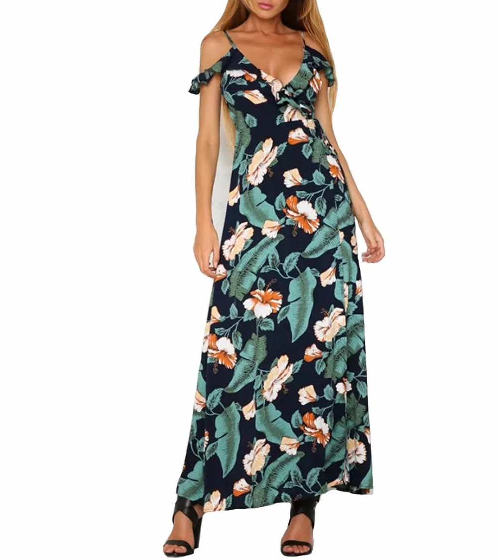 Summer Women Dress Floral Print Spaghetti Strap Chiffon Maxi Long ...