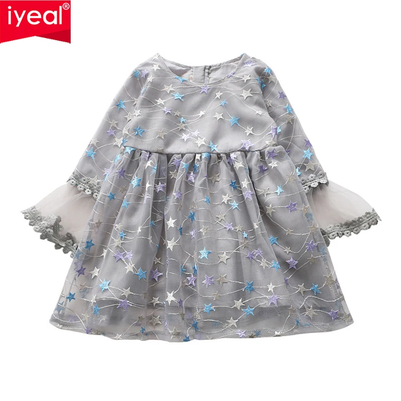 

IYEAL Spring Girl Clothes Kids Dresses For Girls Ball Gown Lace Flare Sleeve Embroidery Star Children Baby Girl Princess Dresses