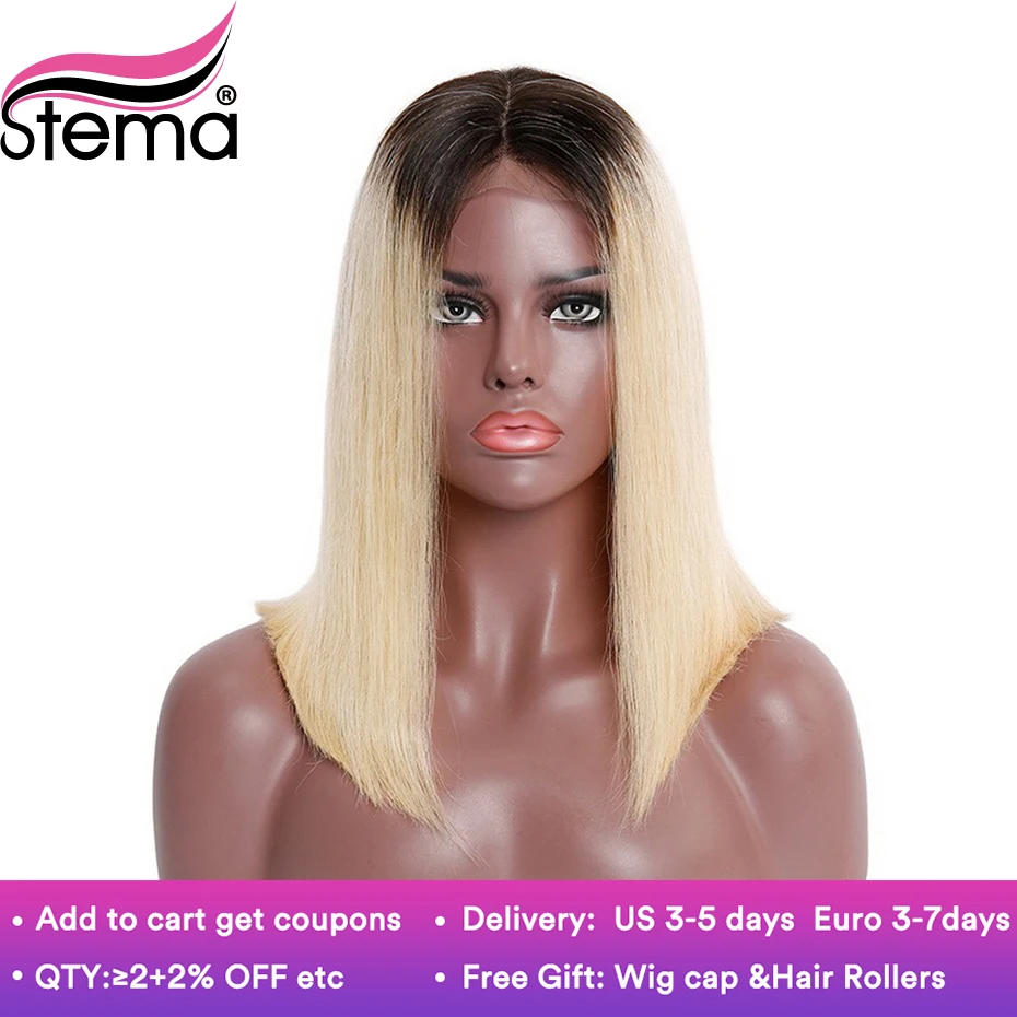 Stema 1b/613 Lace Front Short Bob Wig Black Root Blonde Ombre ...