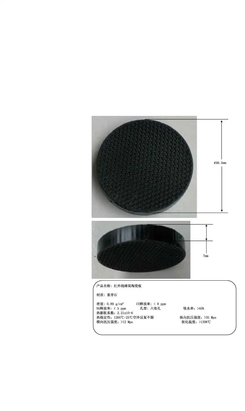 

46.5mm round infrared honeycomb ceramic plate, heat storage ceramic plate