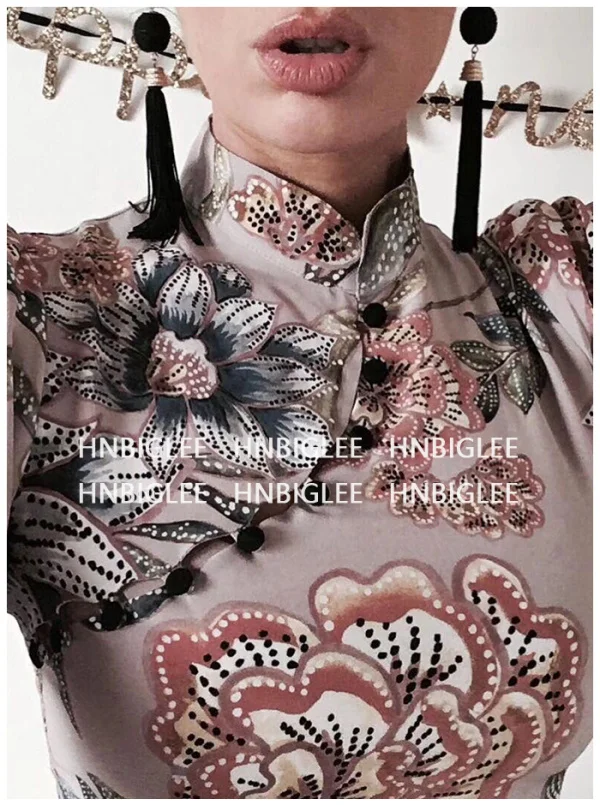 Стиль chinois cheongsam халат сексуальный тонкий принт soie col montant бутонный халат а Манчи courtes femmes имприме мини халат