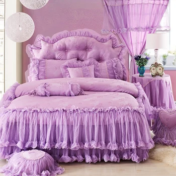 

Purple Lace Princess Wedding Bedding Sets Bedspread 4pcs Jacquard Satin Ruffles Duvet Cover luxury Cotton Bedclothes Bed Skirt