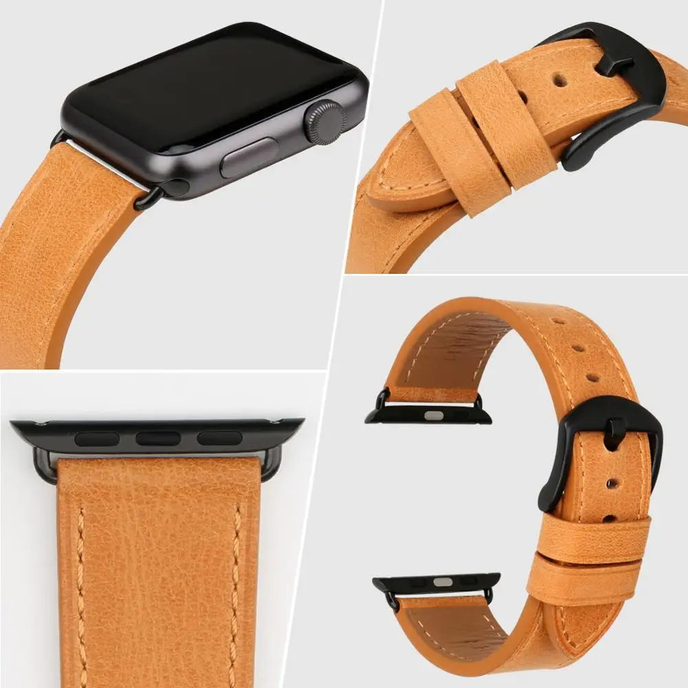 Ремешок MAIKES из натуральной кожи для Apple Watch Band 38 мм и Bands 42 iwatch 3 2 1 оранжевые