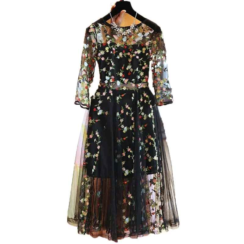 

New Fashion Brand Summer Women Dress Elegant Lace Floral Embroidery Black Vintage Dresses Evening Party Vestidos Plus Size 4XL