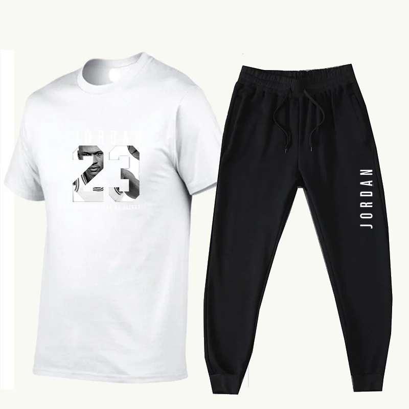 New Men's tracksuit Summer short-sleeved t-shirt + joggers pants Cotton Jordan 23 print track suit trainingspak mannen chandal